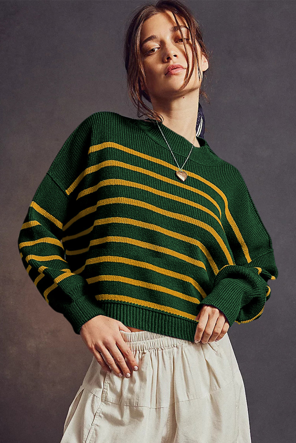 Green Stripe Ribbed Drop Shoulder Baggy Sweater