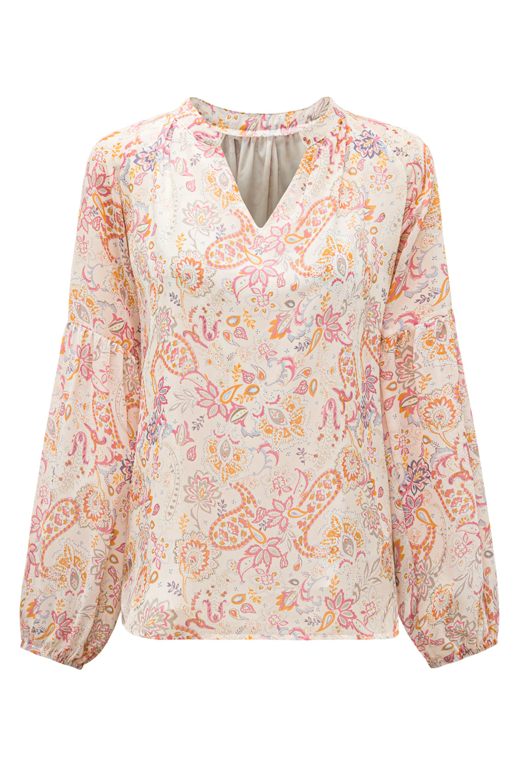 Yellow Floral Print V Neck Long Puff Sleeve Top