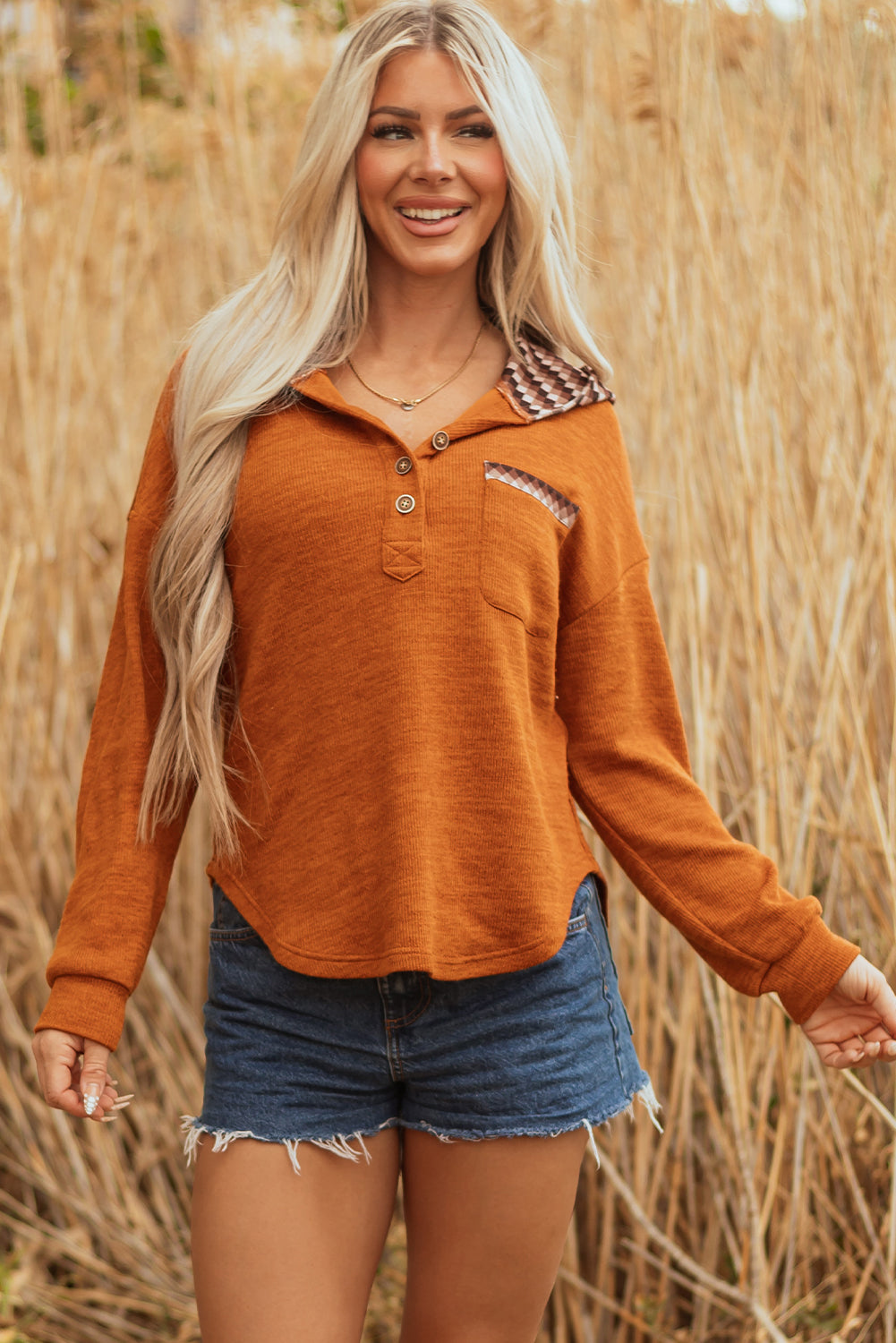 Straw Yellow Contrast Plaid Hood Patchwork Chest Pocket Henley Top