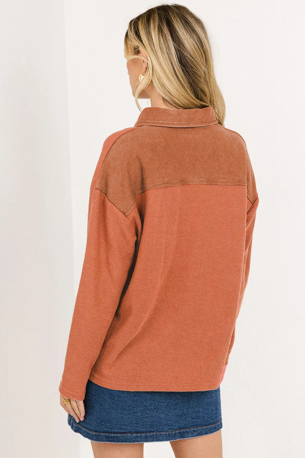 Gold Flame Solid Color Long Sleeve Thermal Knit Polo Collar Patchwork Top