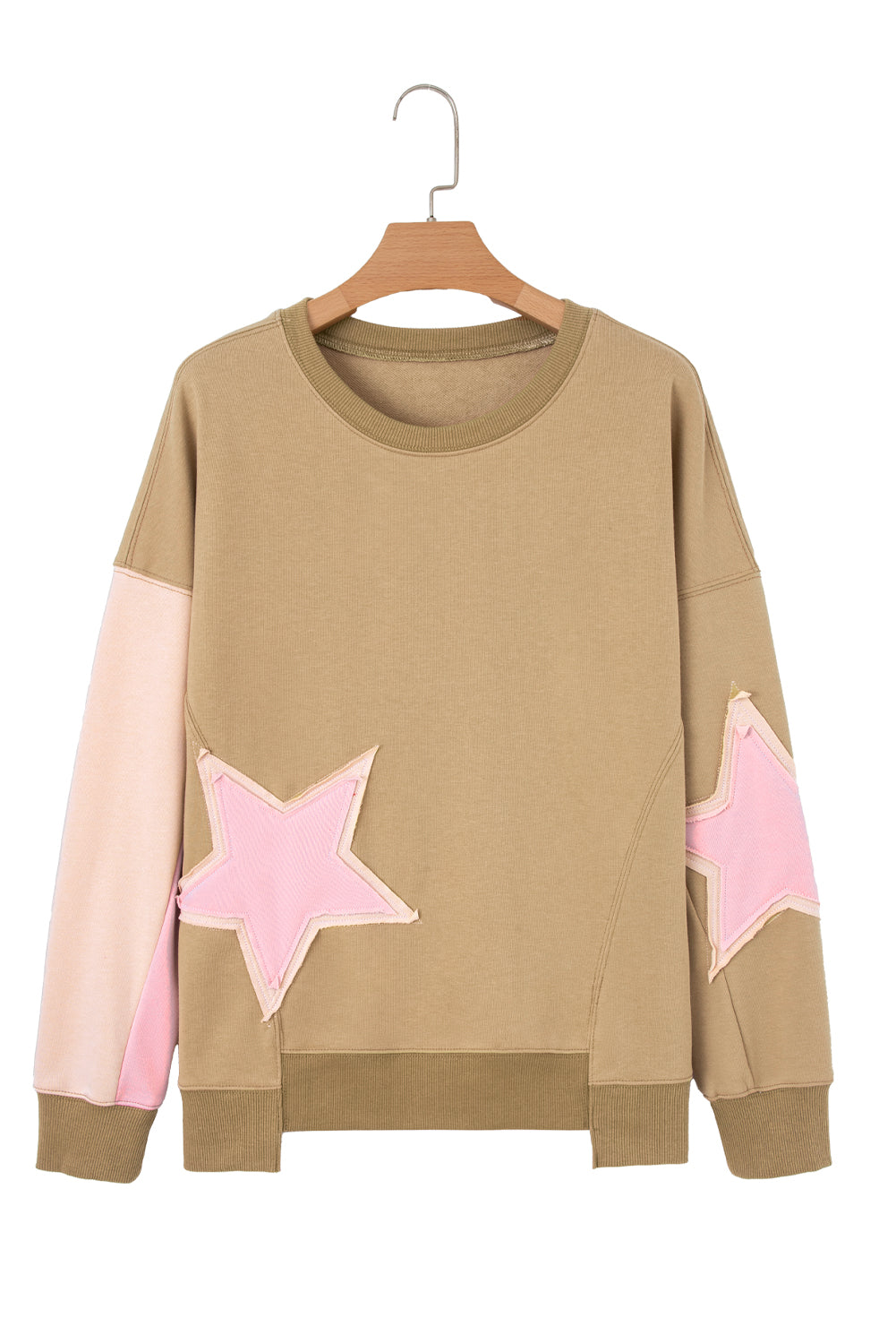 Sage Green Contrast Star Patchwork Exposed Seam Uneven Hem Drop Shoulder Sweatshirt