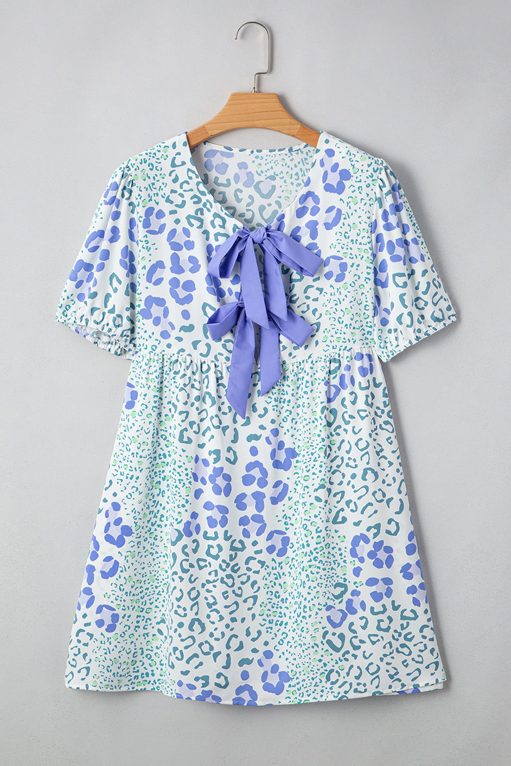 Sky Blue Floral Contrast Bow Puff Sleeve Mini Dress