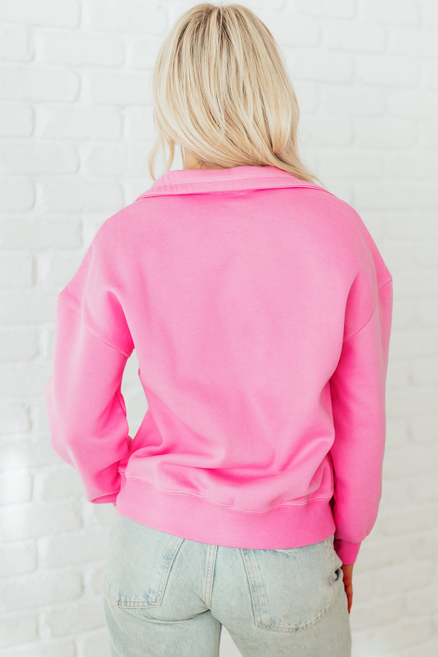 Bright Pink Half Button Stand Neck Drop Shoulder Sweatshirt