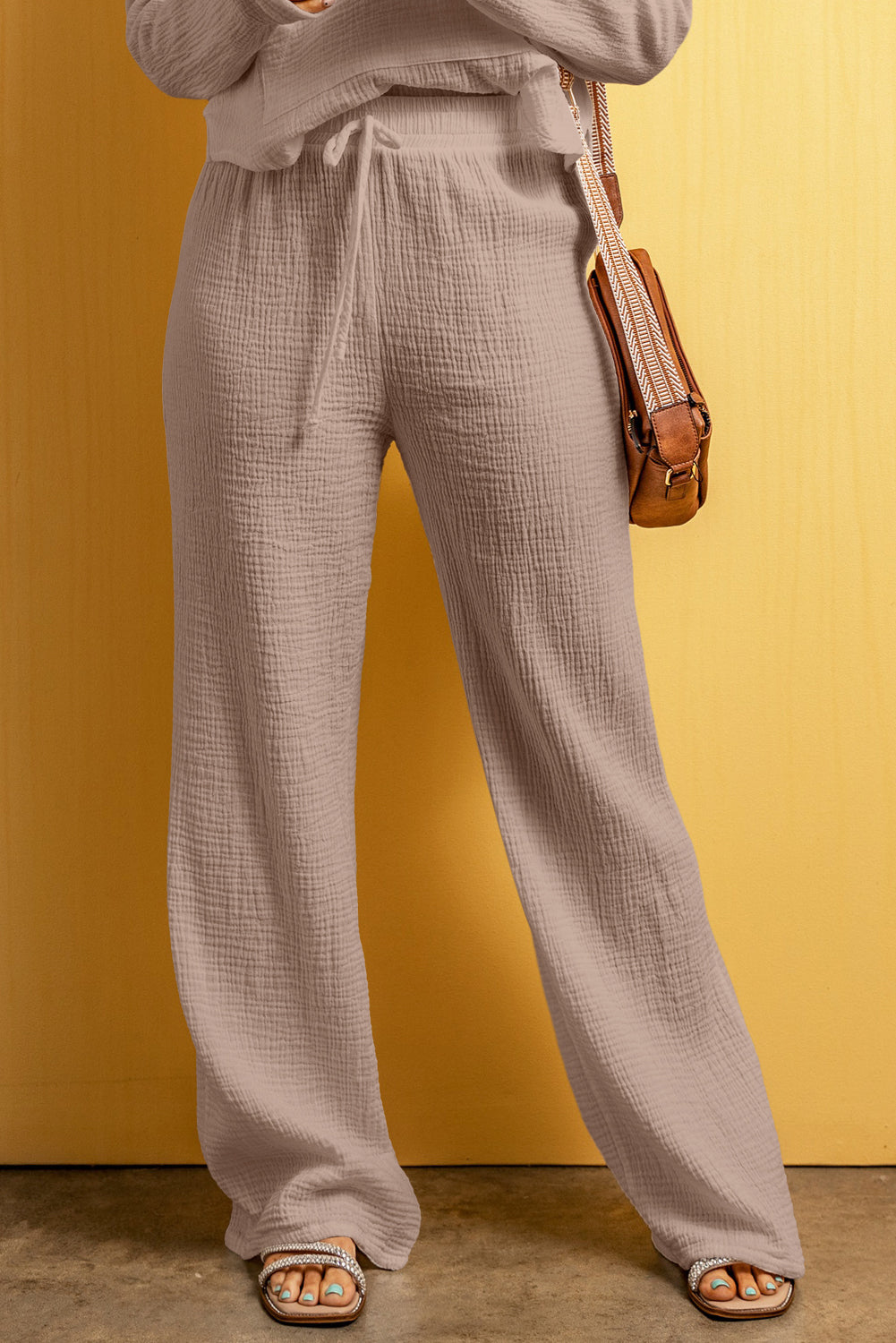 Smoke Gray Textured Loose Fit Drawstring Elastic Waistband Pants