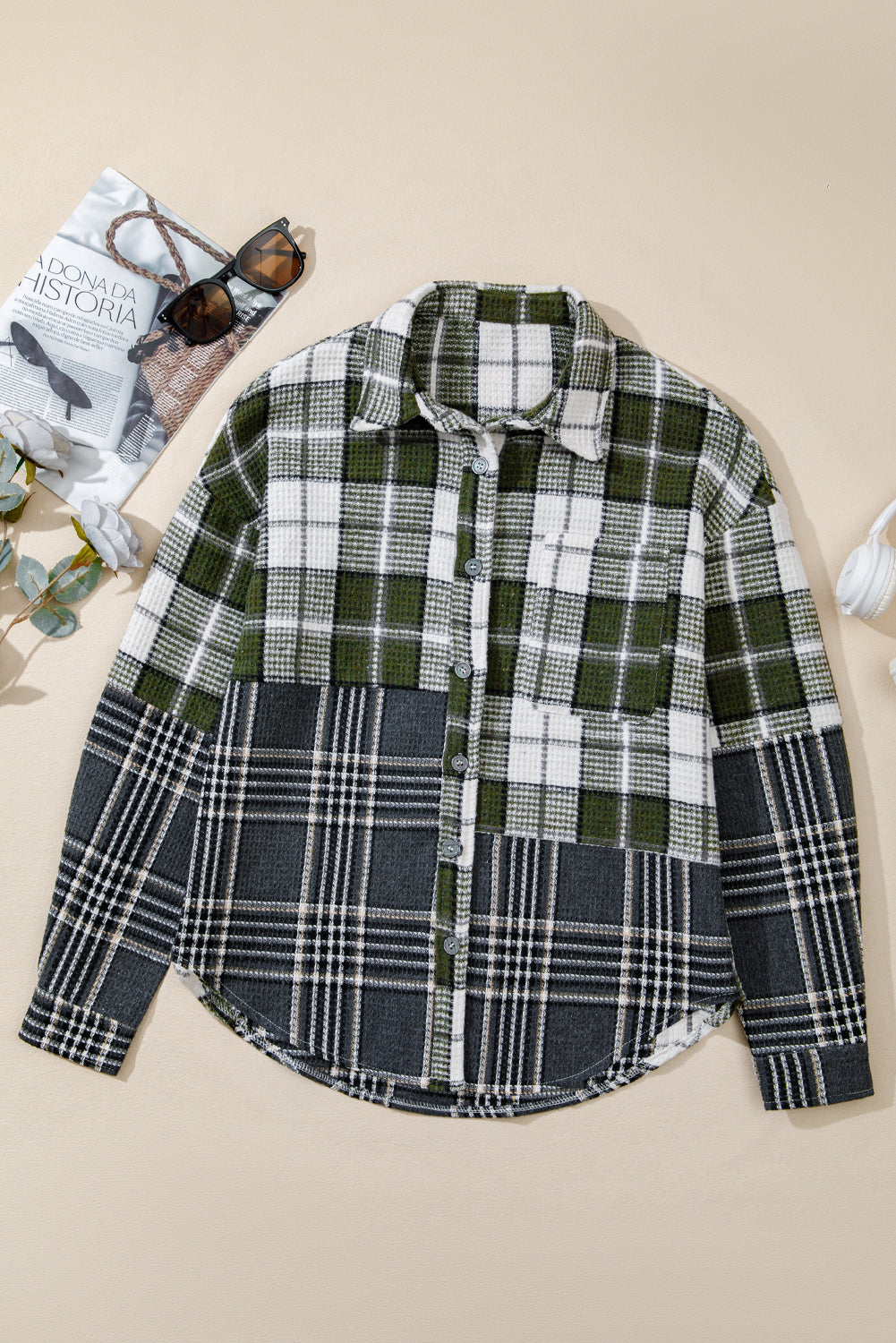 Black Plaid Print Textured Knit Buttoned Shacket