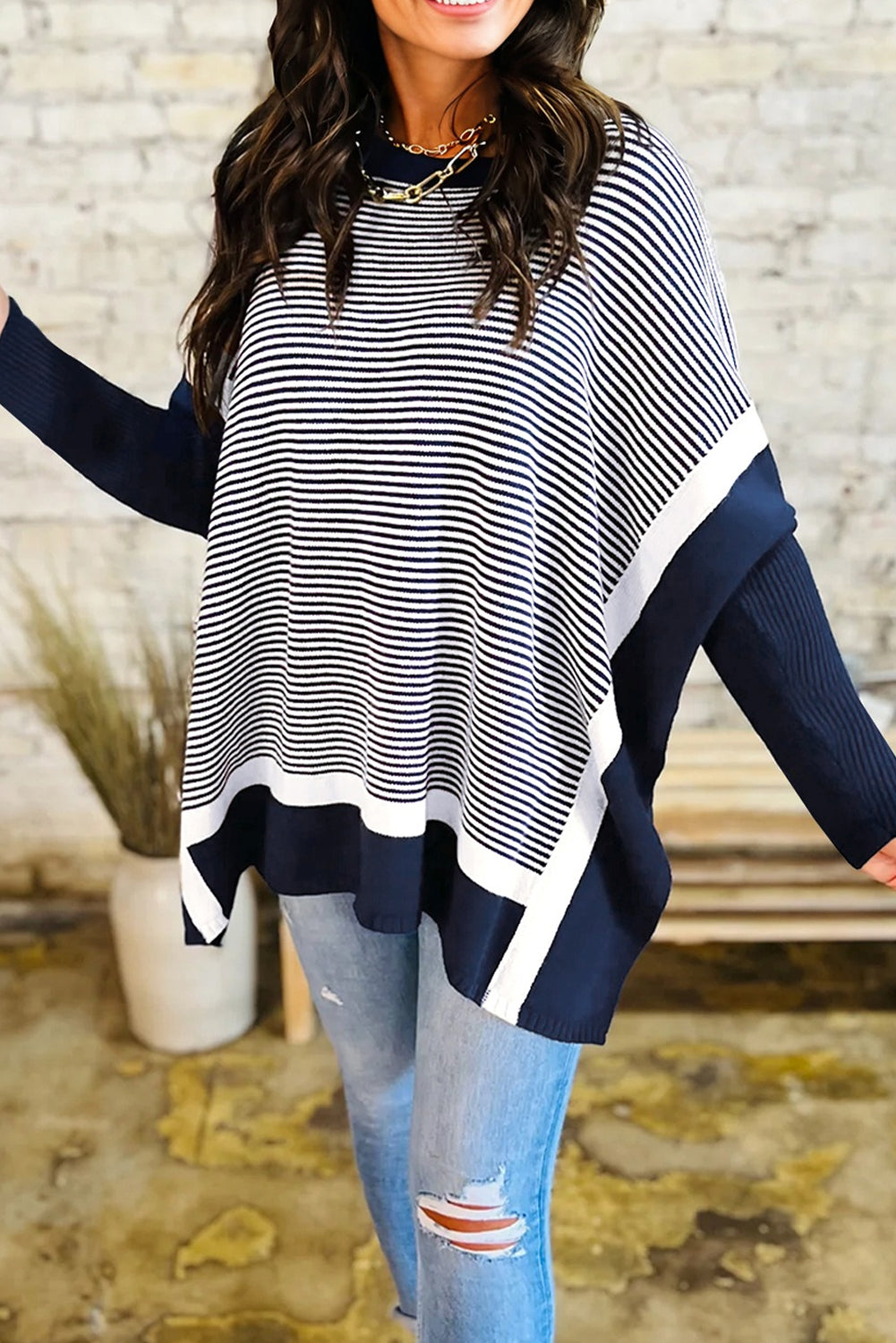 Blue Stripe Color Block Patchwork Dolman Oversize Tunic Sweater