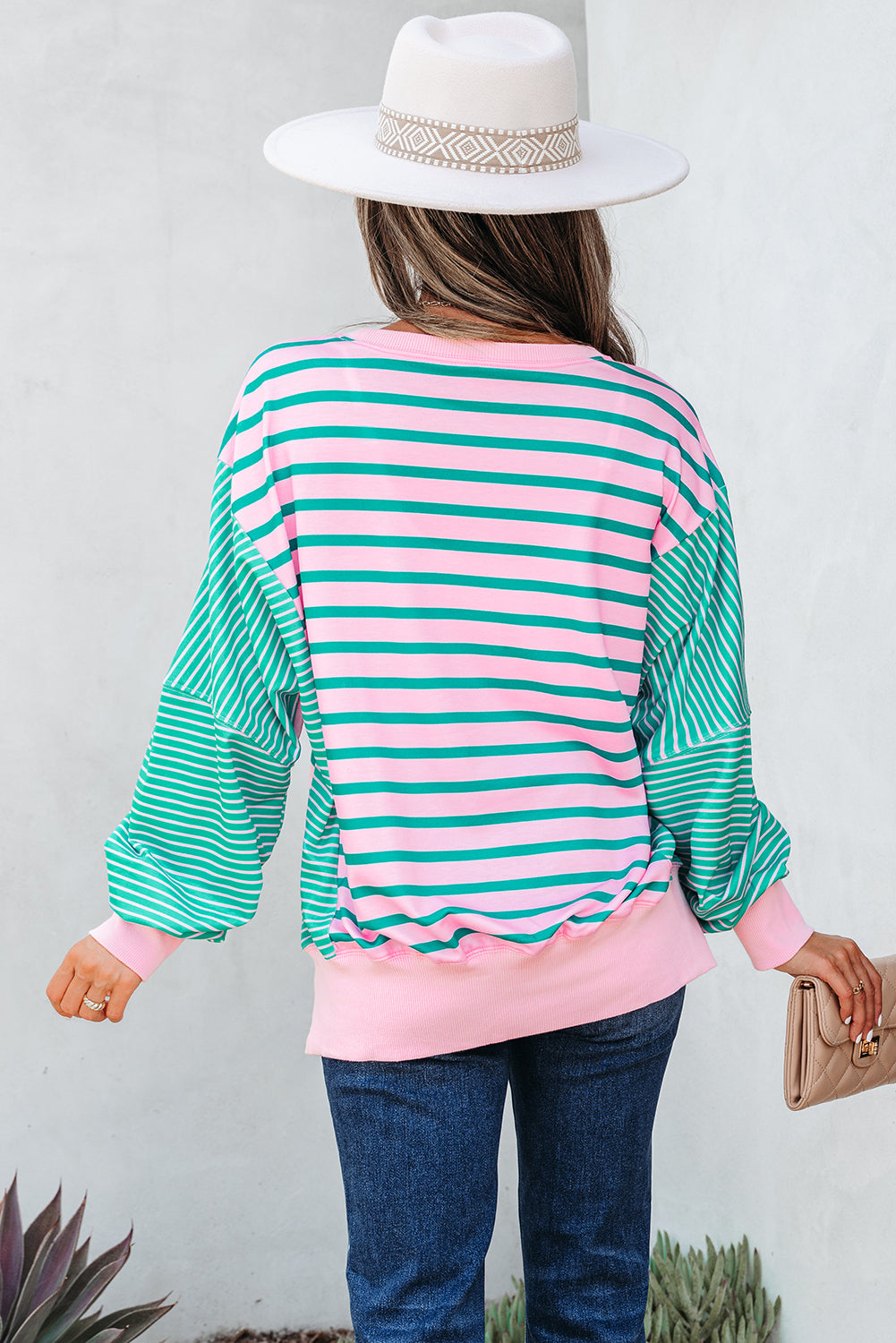 Green Stripe Mix Pattern Color Block Patchwork Side Slit Baggy Sweatshirt