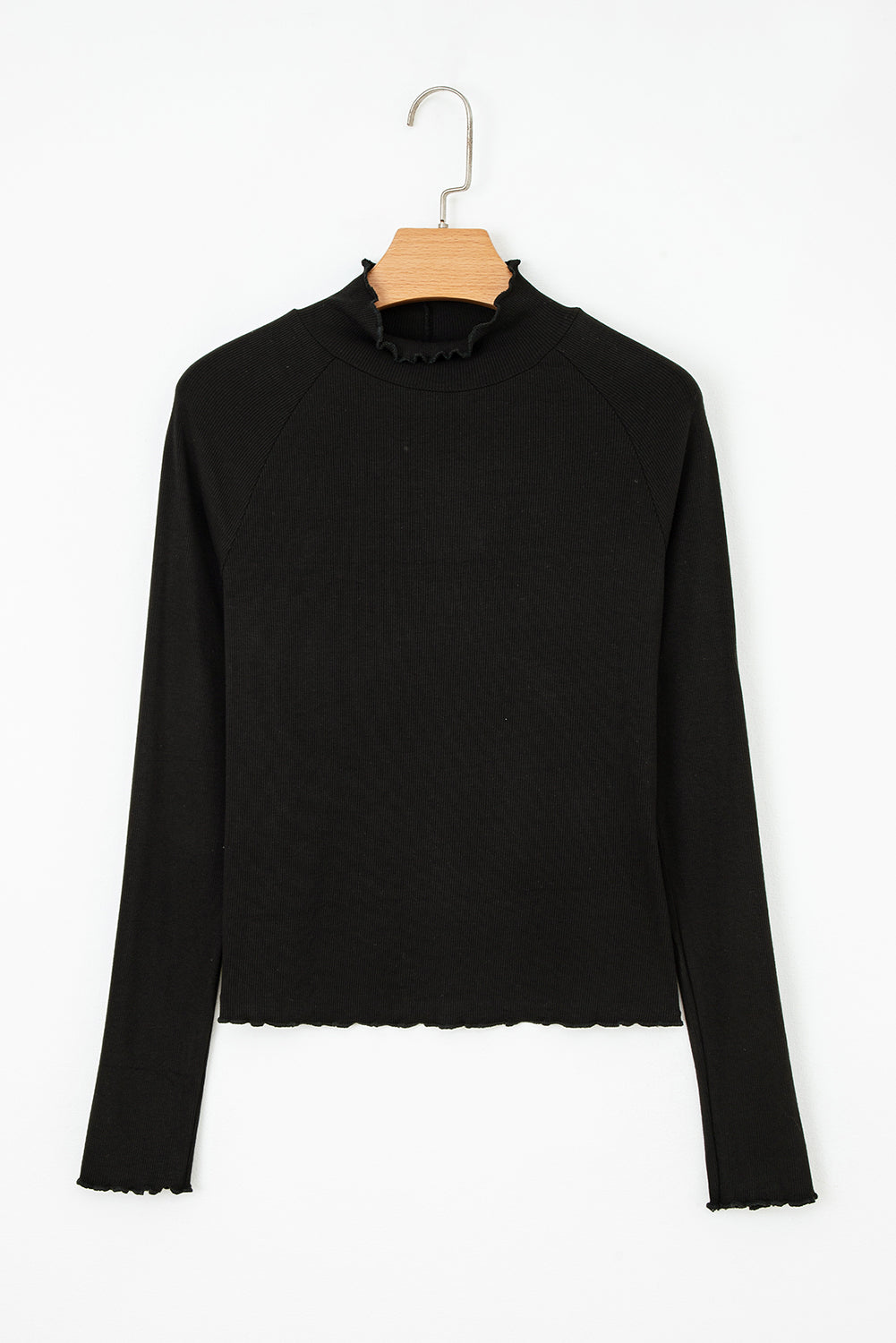 White Ribbed Knit Lettuce Trim High Neck Long Sleeve Top