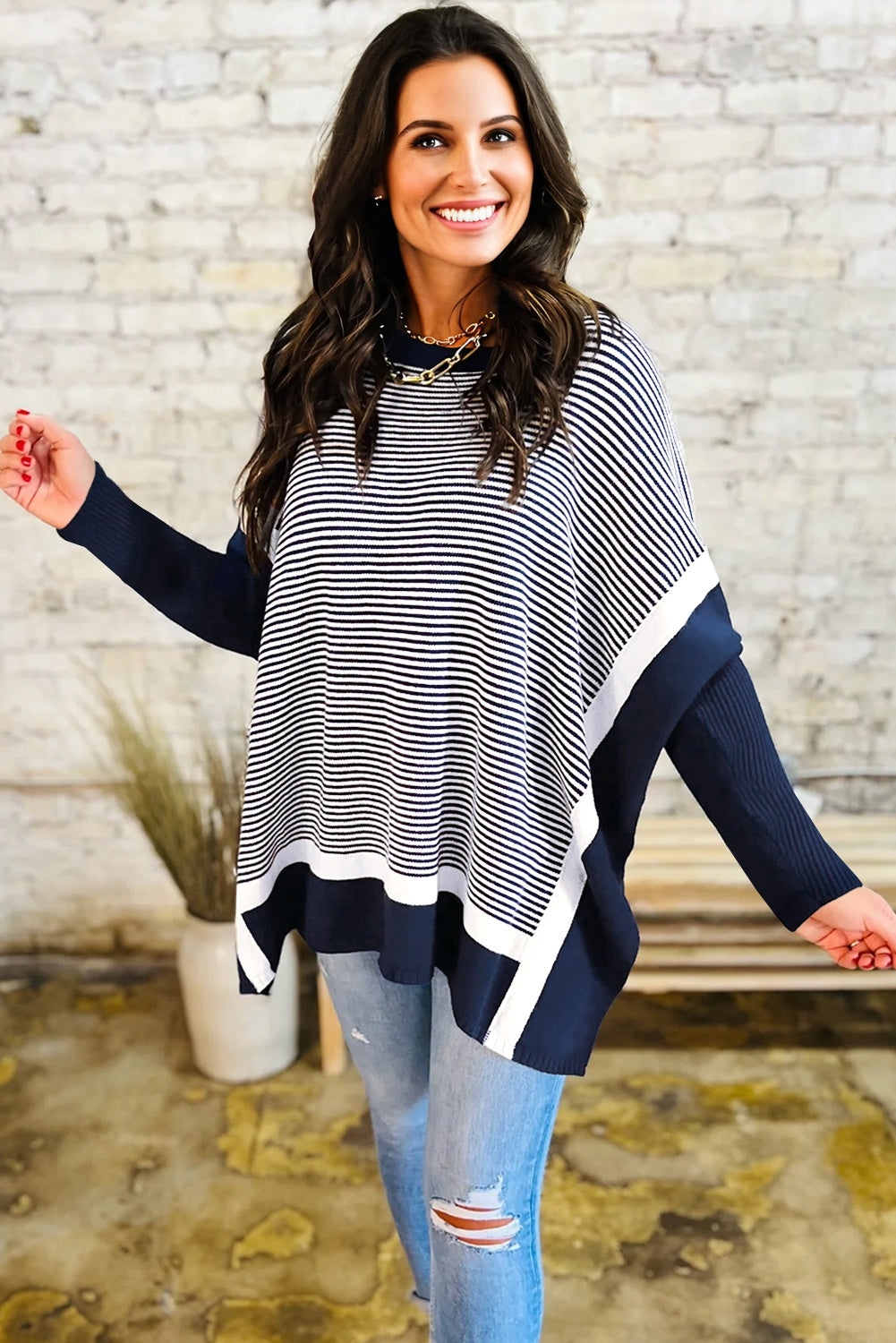 Blue Stripe Color Block Patchwork Dolman Oversize Tunic Sweater