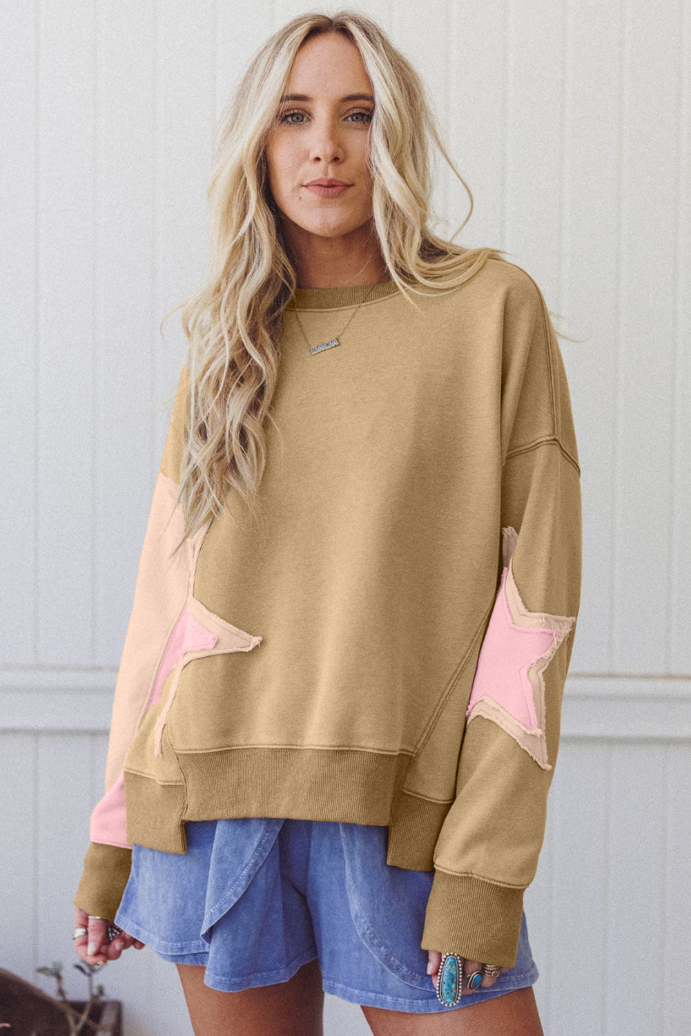 Sage Green Contrast Star Patchwork Exposed Seam Uneven Hem Drop Shoulder Sweatshirt