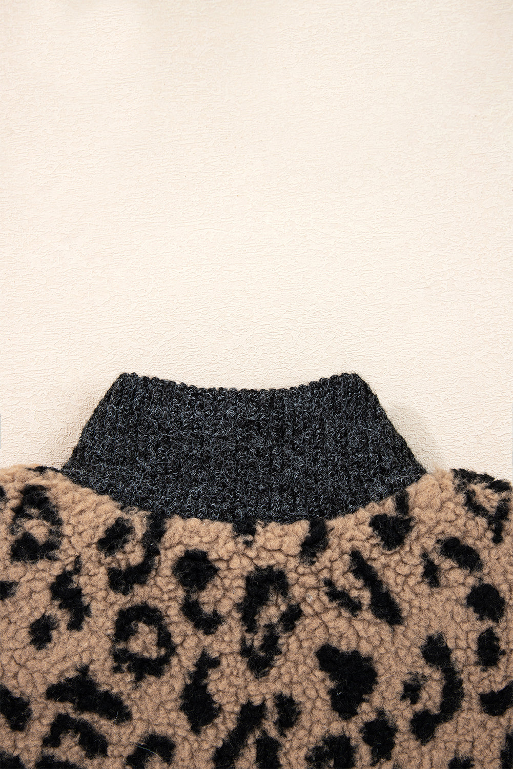 Khaki Leopard Print Zip Up Stand Neck Side Pocket Jacket