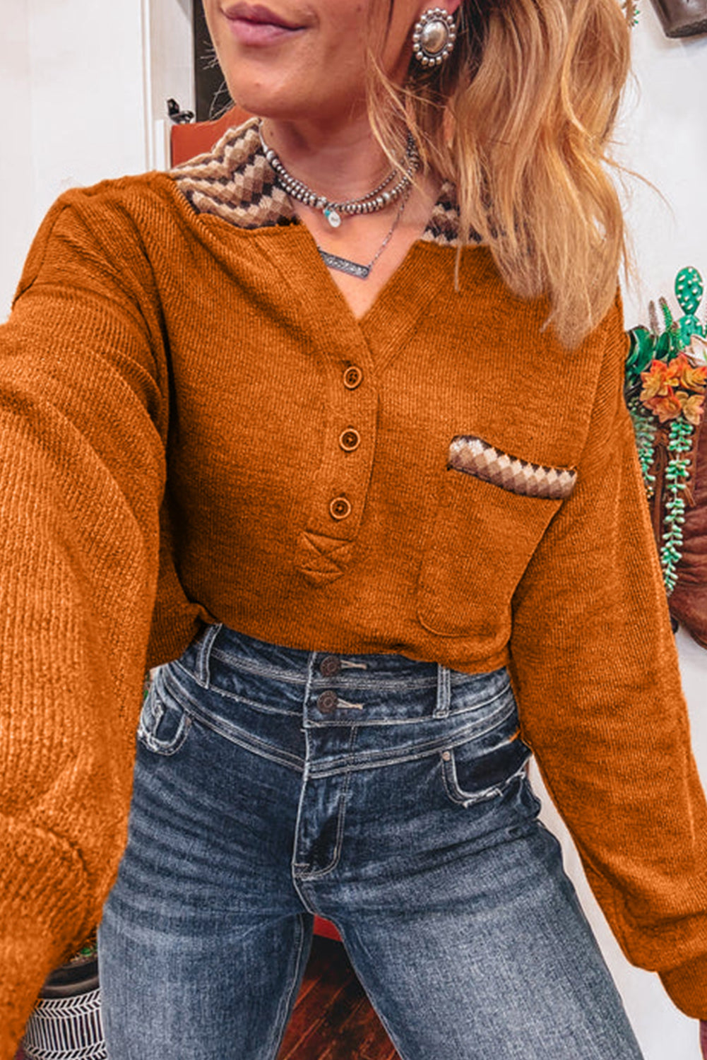 Straw Yellow Contrast Plaid Hood Patchwork Chest Pocket Henley Top