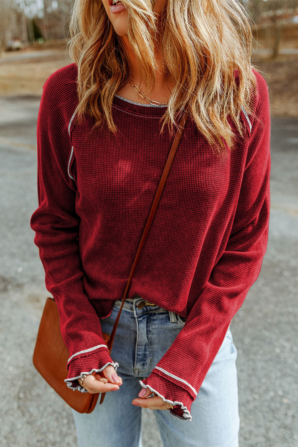 Apricot Textured Round Neck Long Sleeve Top