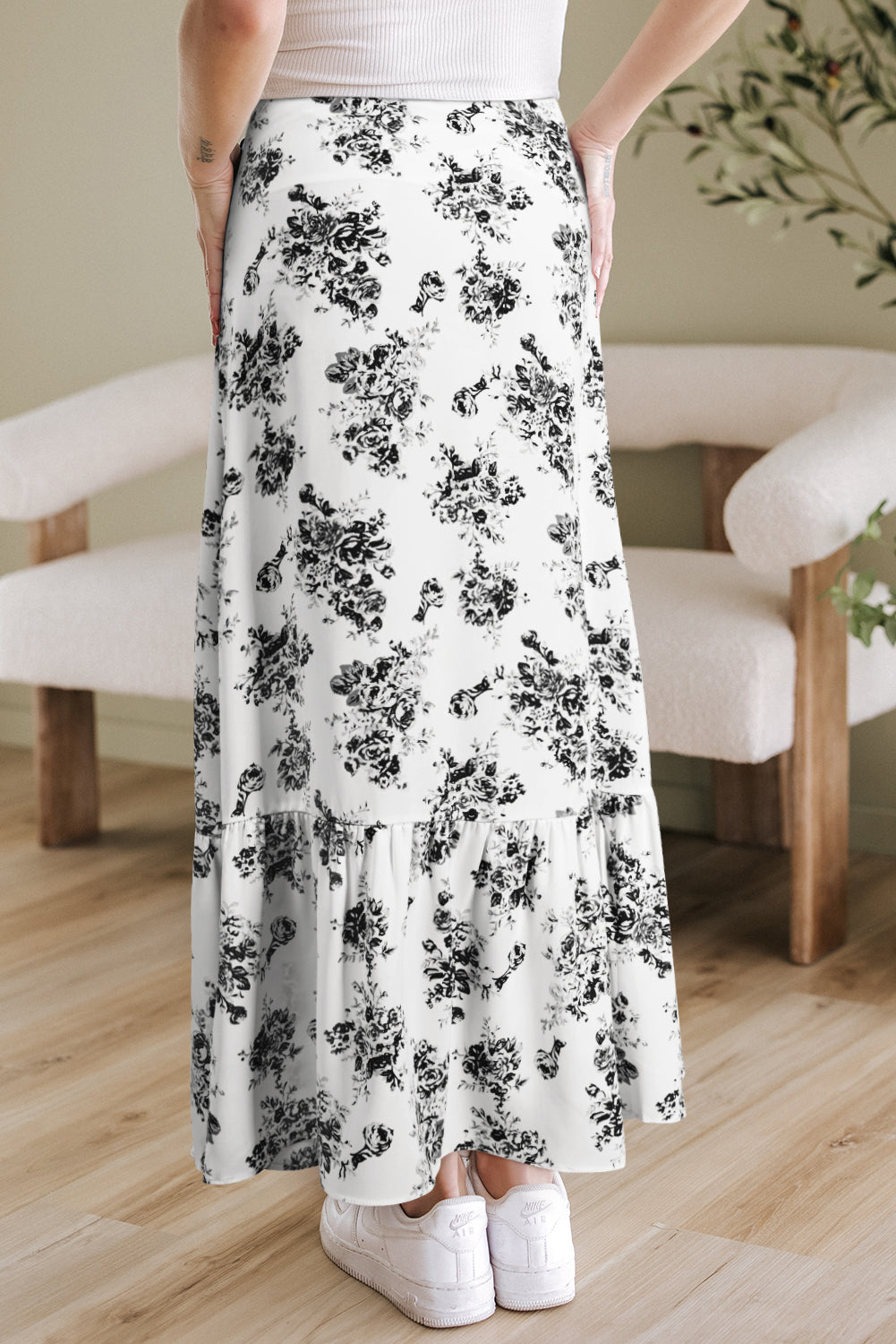 Rose Boho Floral High Waist Ruffle Split Maxi Skirt