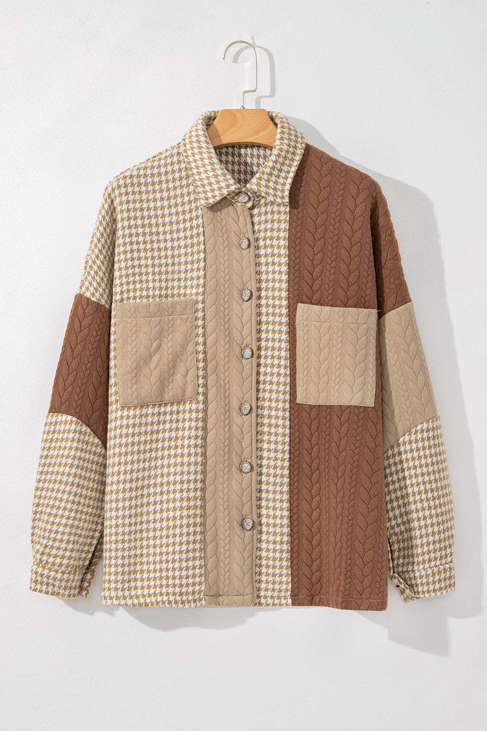Pink Houndstooth Color Contrast Textured Patchwork Loose Shacket