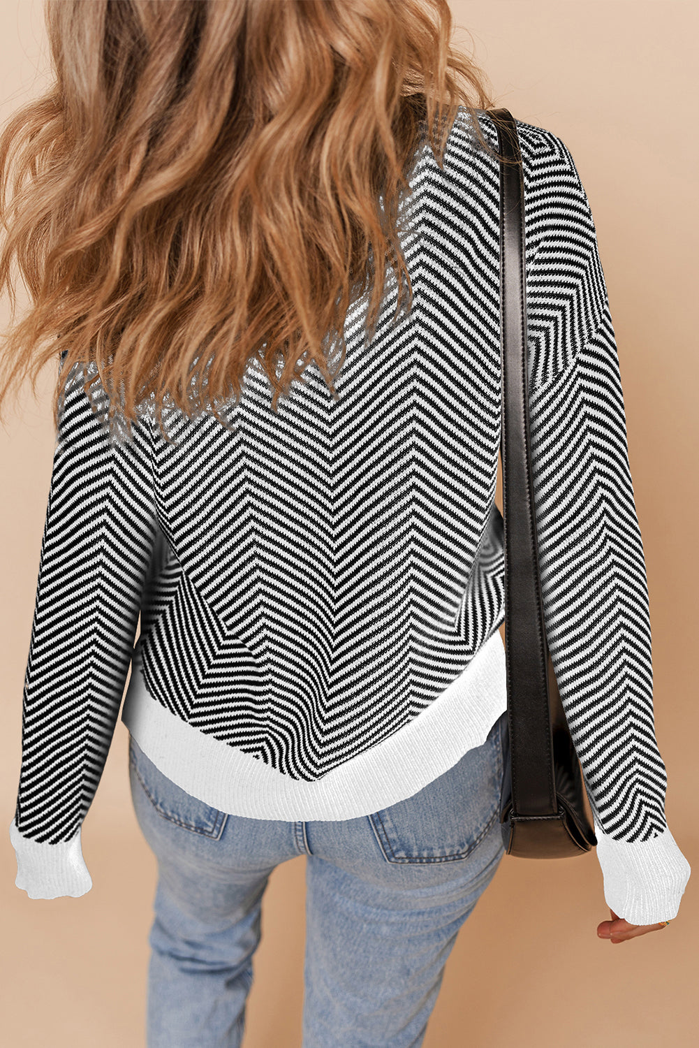Black Stripe Buttoned Front V Neck Herringbone Cardigan