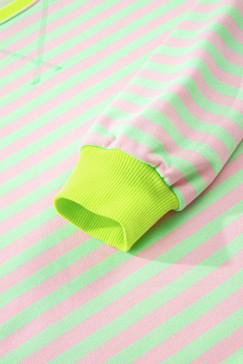 Green Stripe Contrast Ribbed Trim Crossed Stitch Drop Shoulder Sweatshirt