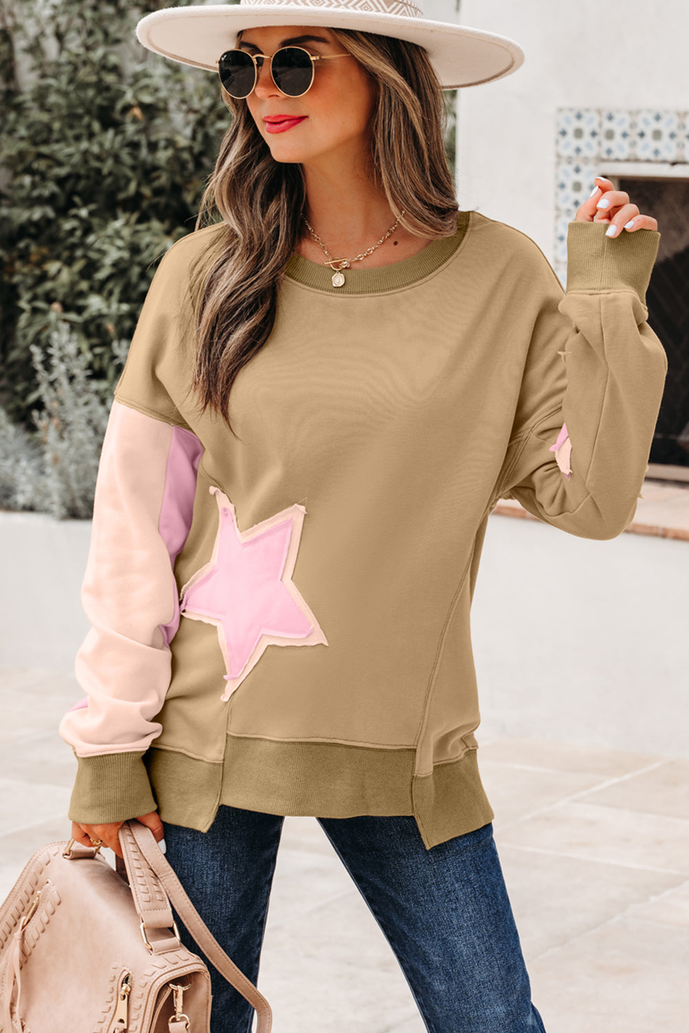 Sage Green Contrast Star Patchwork Exposed Seam Uneven Hem Drop Shoulder Sweatshirt