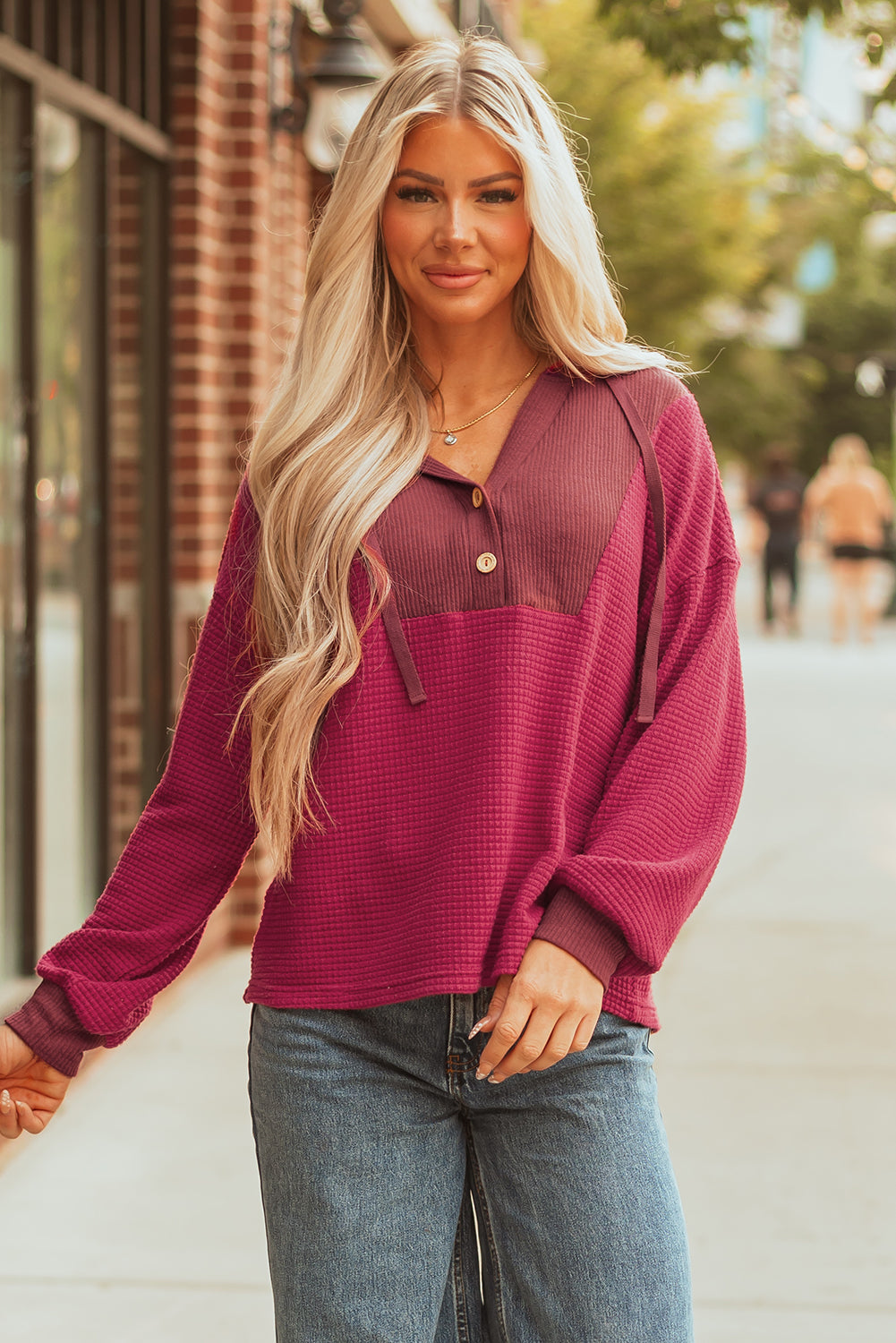 Oatmeal Waffle Patchwork Drop Shoulder Hooded Long Sleeve Top