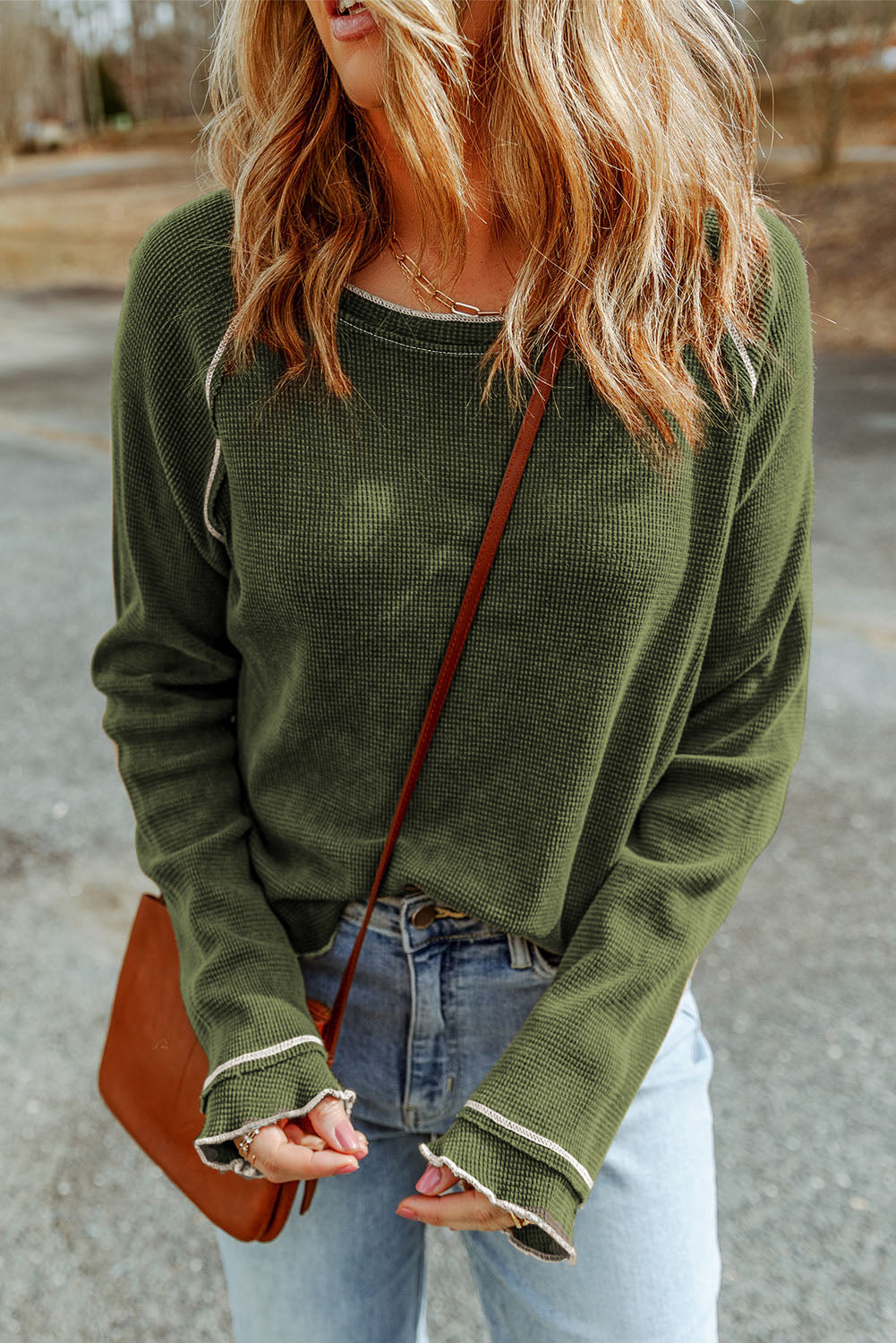 Apricot Textured Round Neck Long Sleeve Top