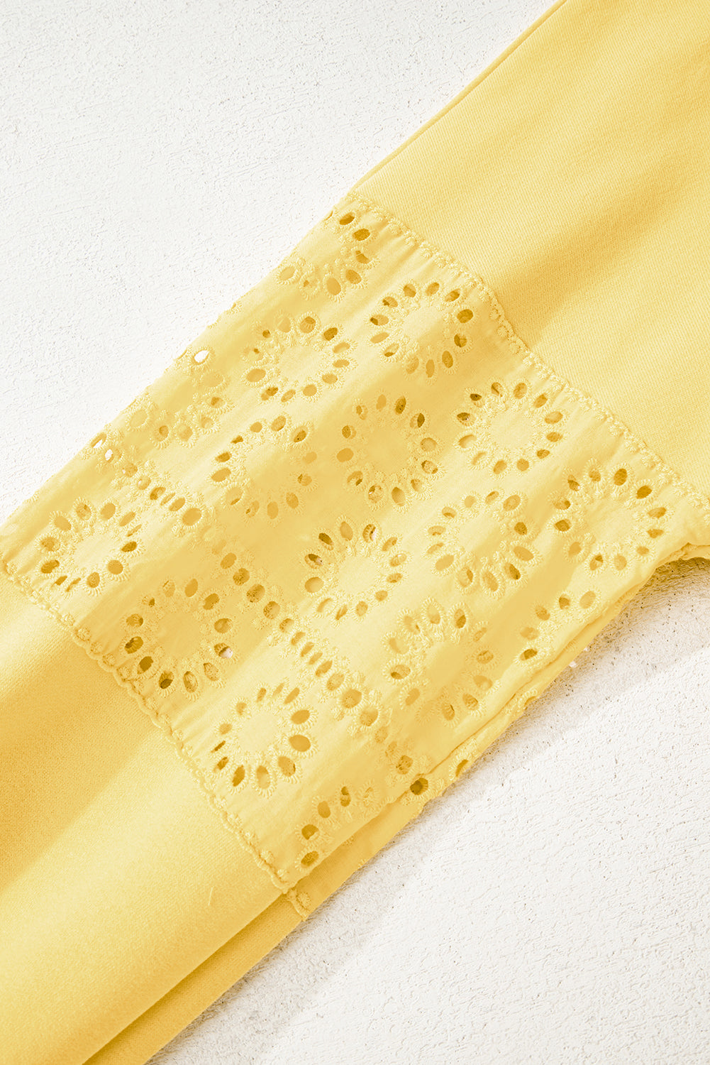 Yellow Cream Embroidered Flower Patchwork Snap Buttons Pullover Sweatshirt