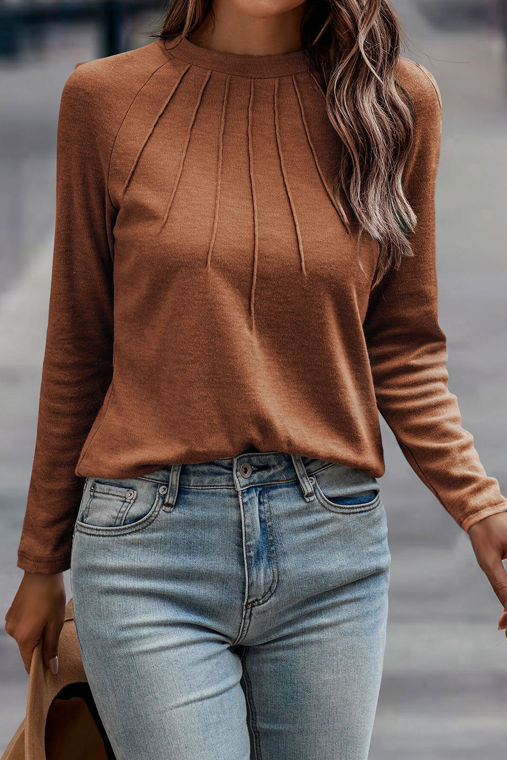 Cinnamon Solid Color Seam Detail Raglan Long Sleeve Top