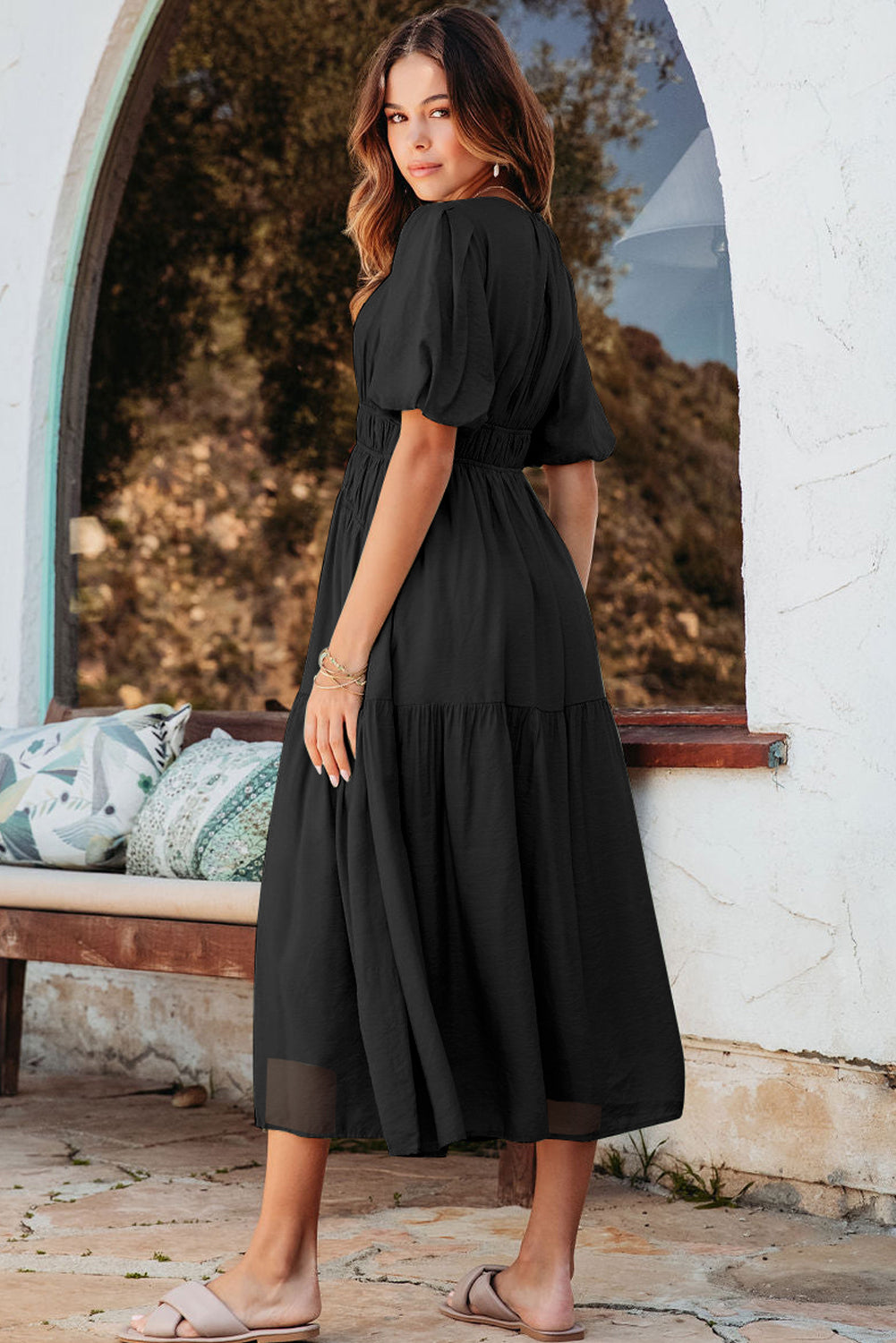 Pink Puff Sleeve Pleated High Waist Flowy Midi Dress