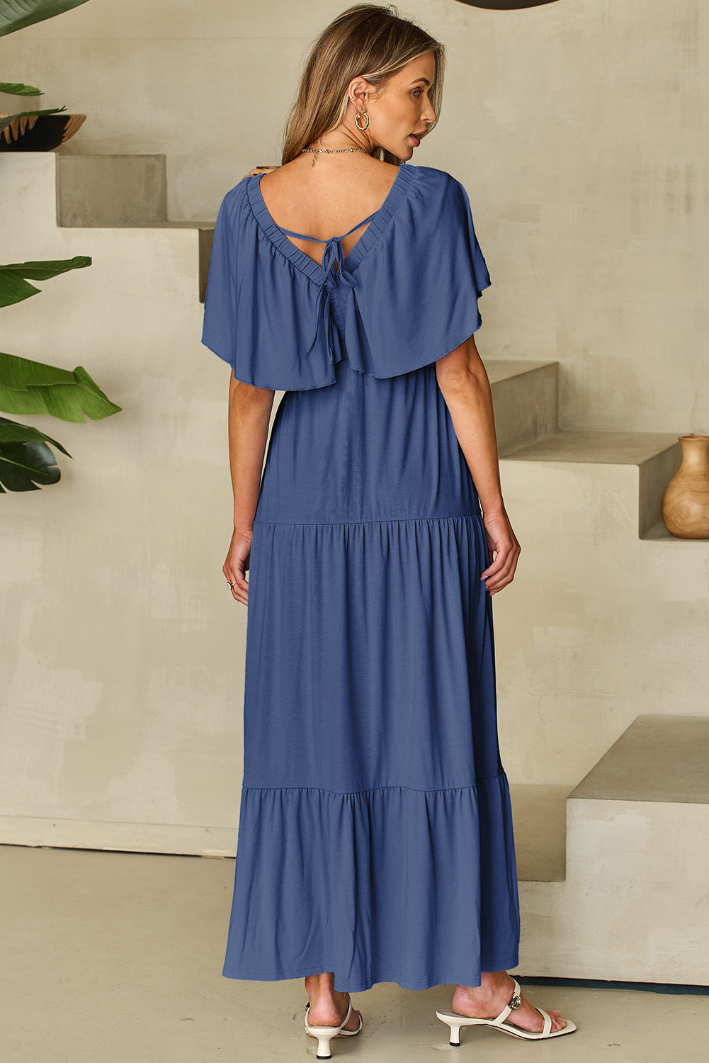 Grass Green Textured V Neck Flutter Sleeve Ruffled Maxi Dress