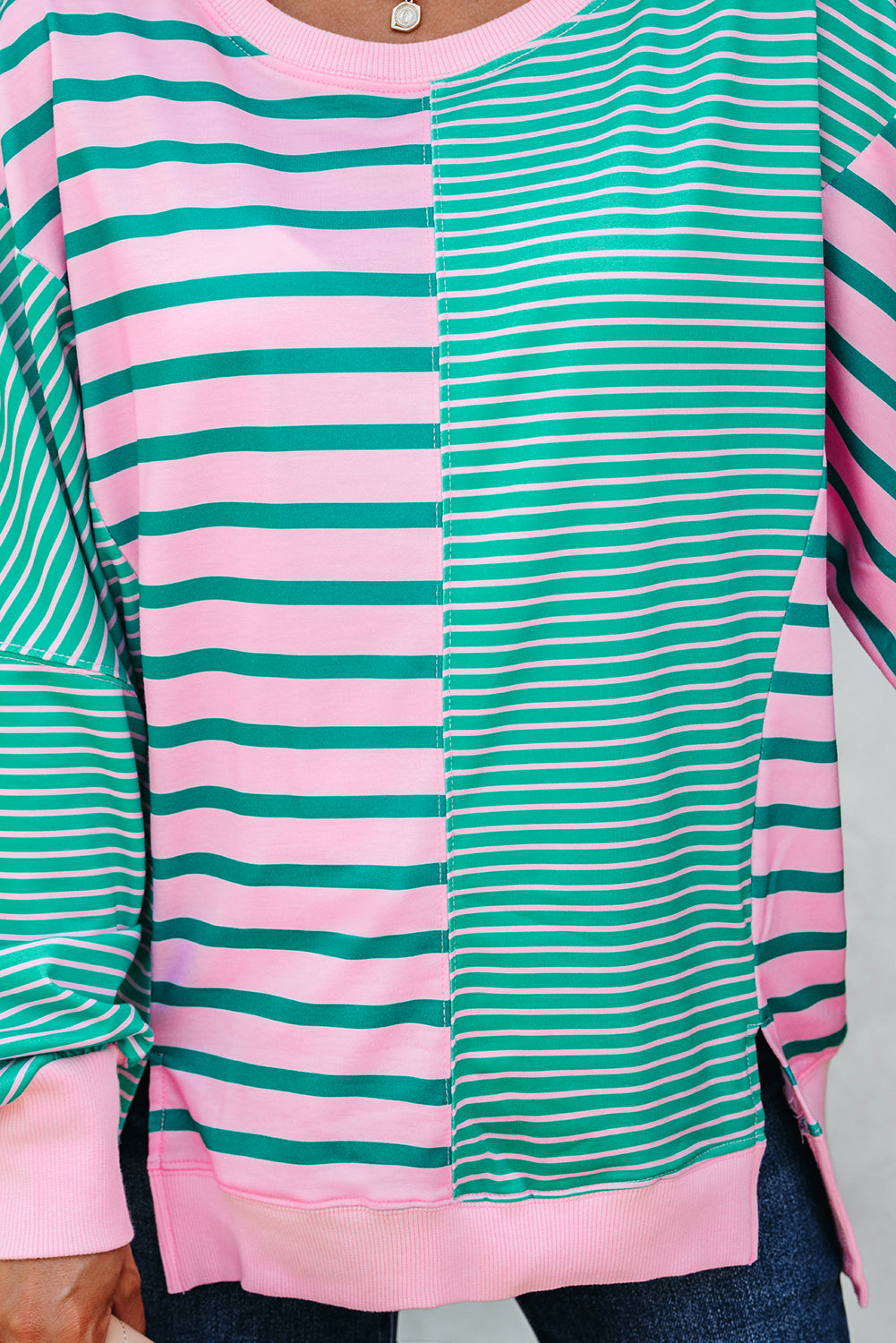 Green Stripe Mix Pattern Color Block Patchwork Side Slit Baggy Sweatshirt