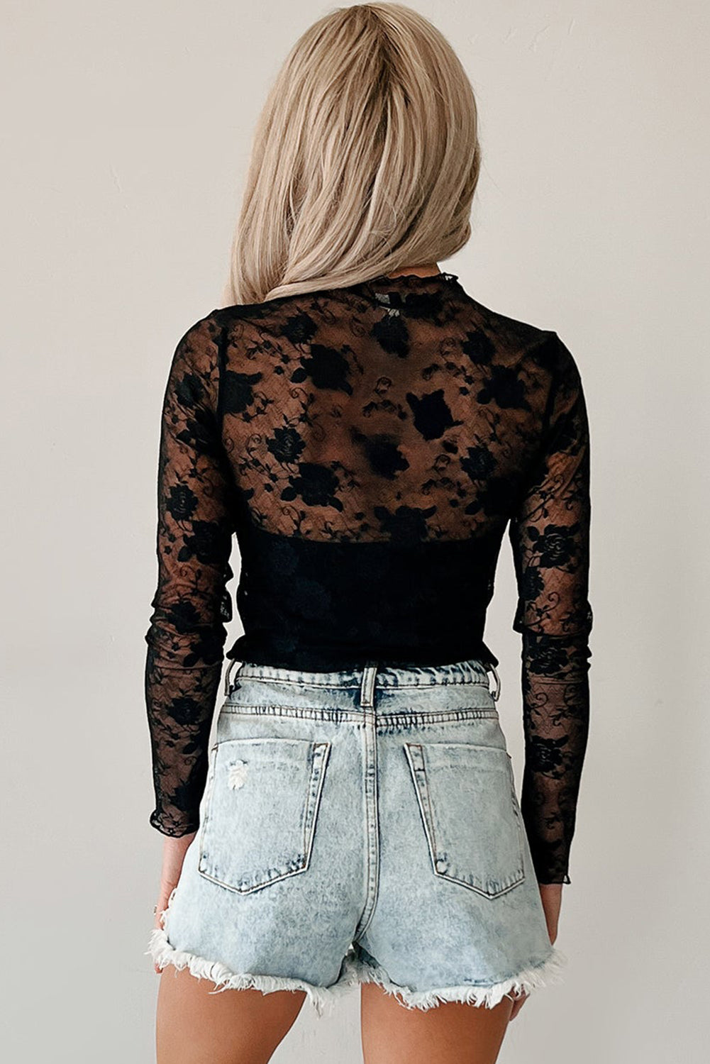 White Sheer Floral Lace Mesh Mock Neck Long Sleeve Top