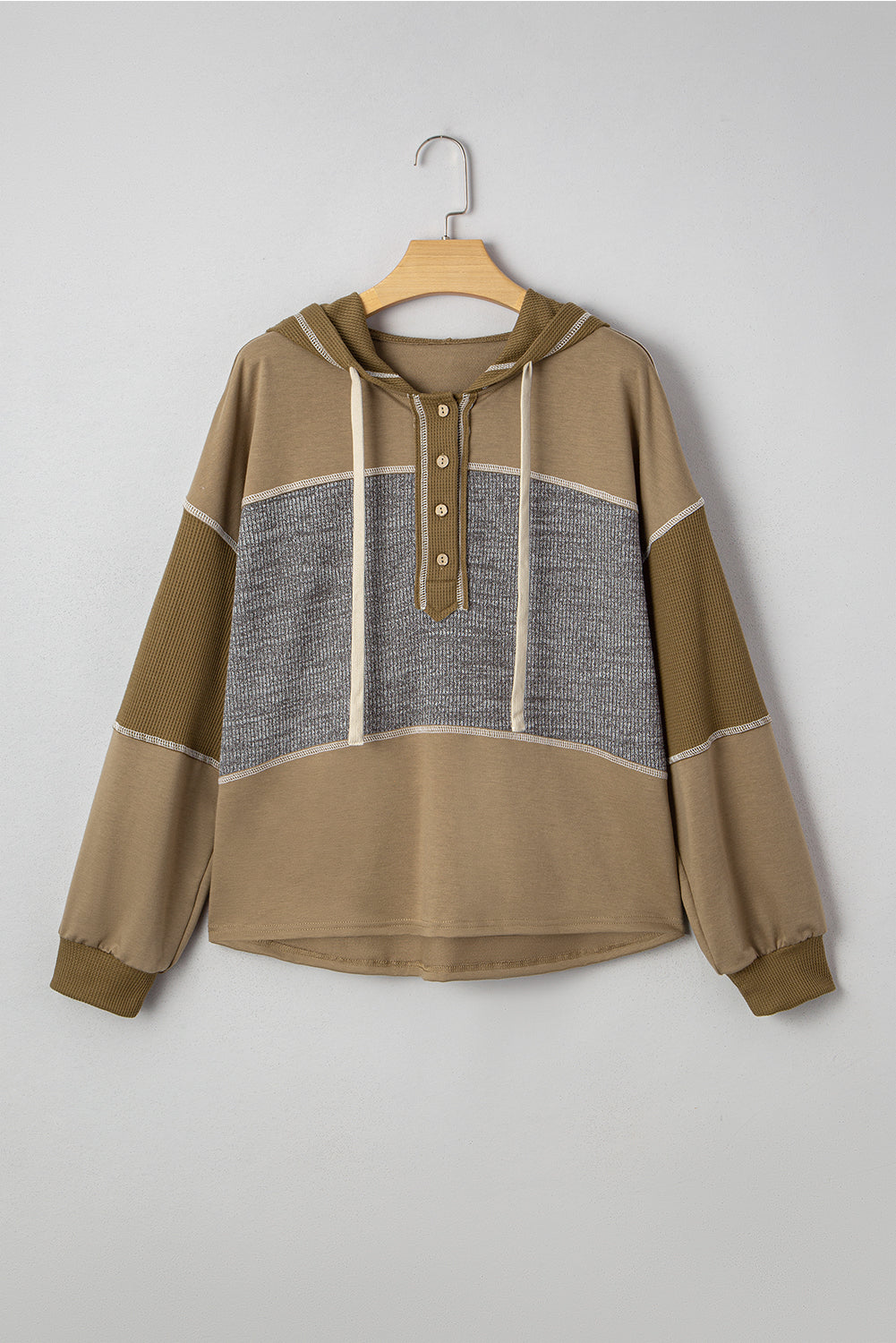 Jungle Green Mixed Texture Patchwork Exposed Seam Half Button Pullover Hooded Sweatshirt