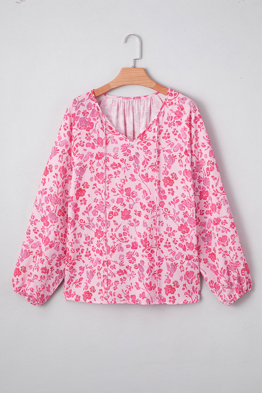 Pink Floral Puff Sleeve Split Neck Lightweight Blouse