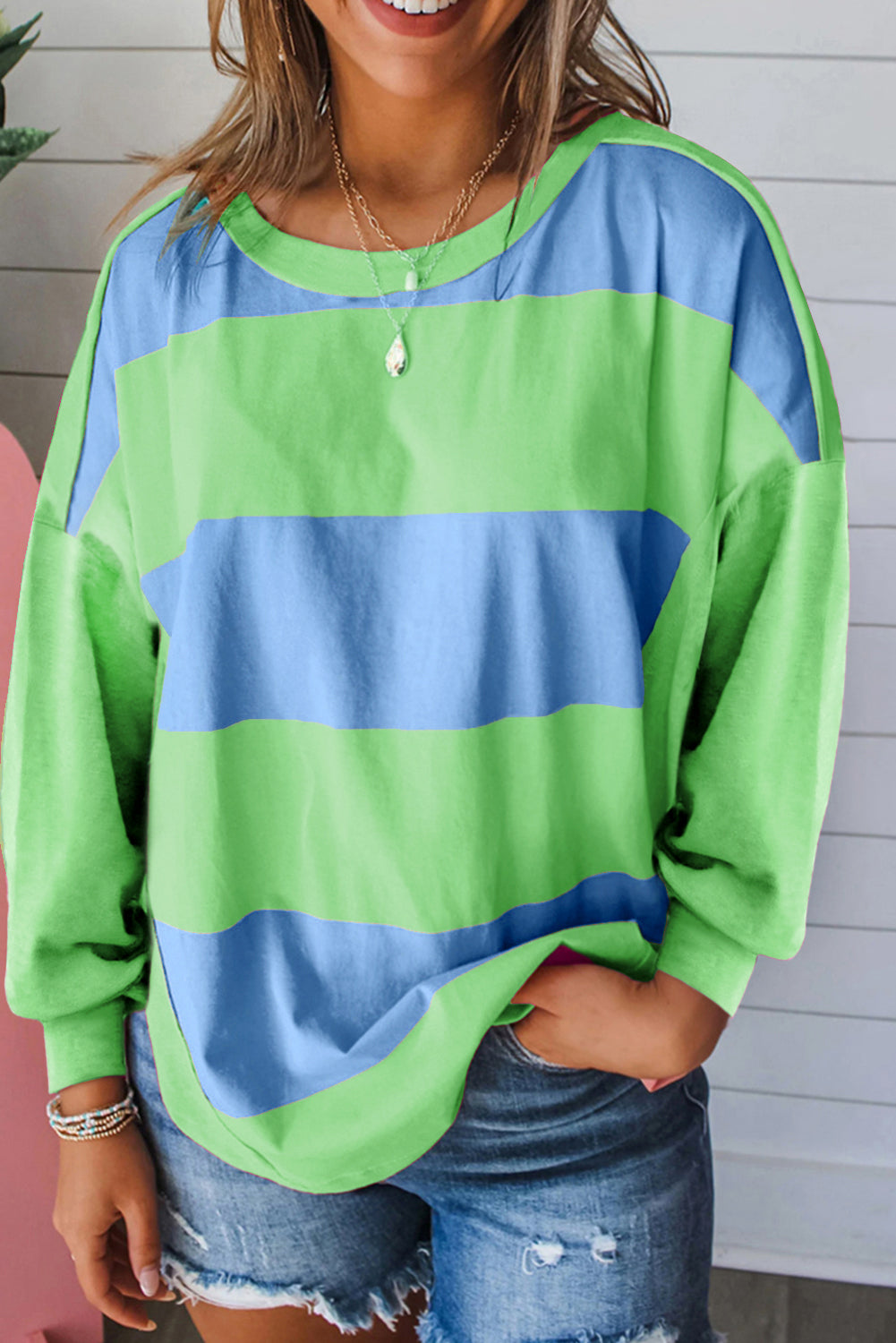Light Green Colorblock Striped Drop Shoulder Loose Top
