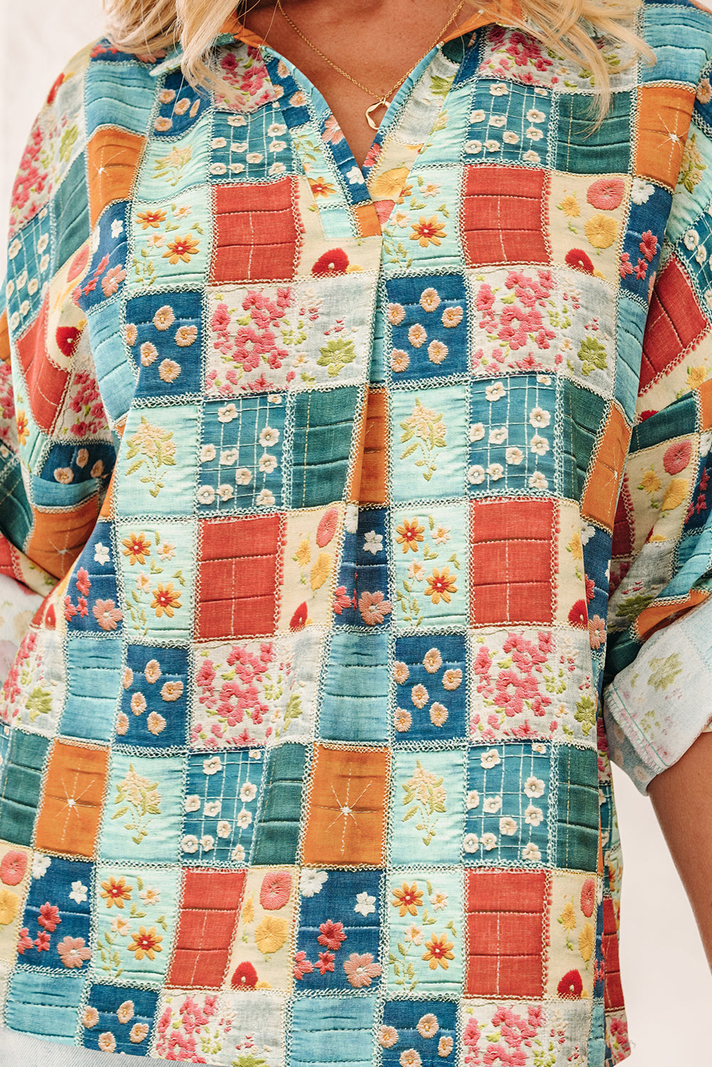 Sky Blue Floral Collared V Neck Roll up Sleeve Shift Blouse