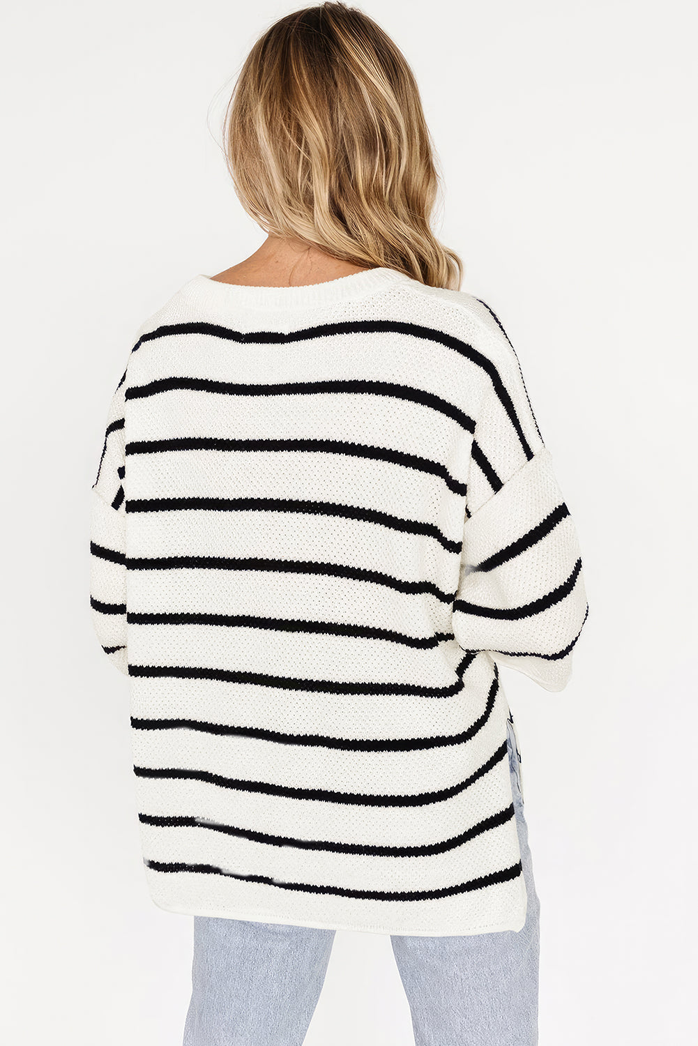 Green Stripe Henley Buttoned Placket Drop Shoulder Bracelet Sleeve Knit Sweater Tee
