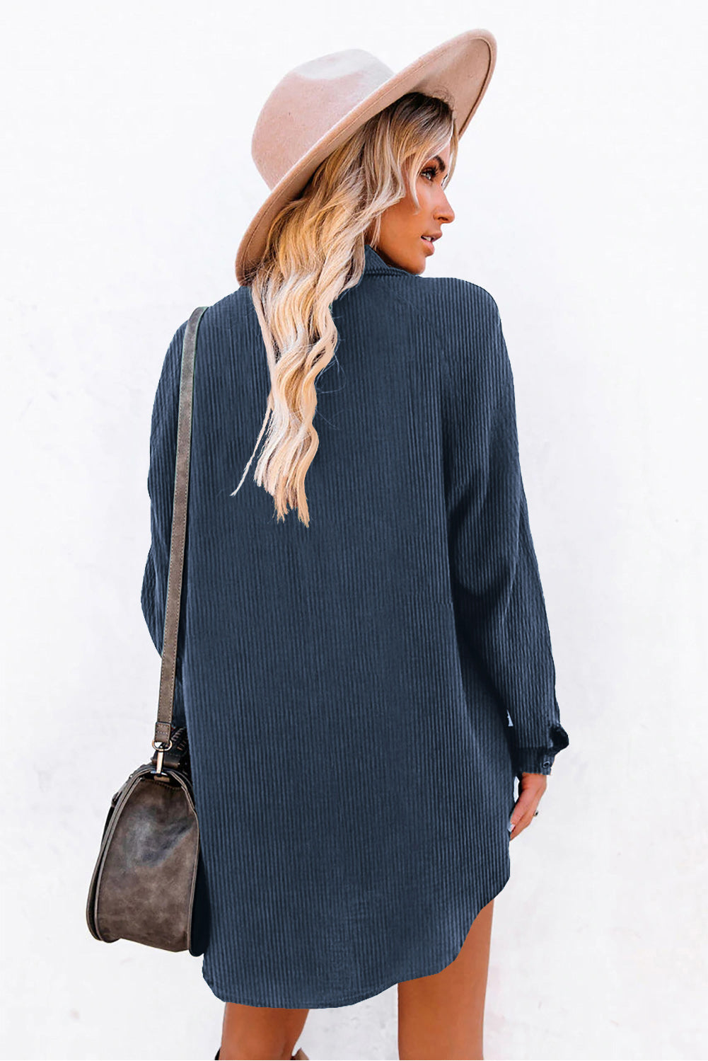 Black Corduroy Shirt Style Full Button Long Sleeve Shift Mini Dress