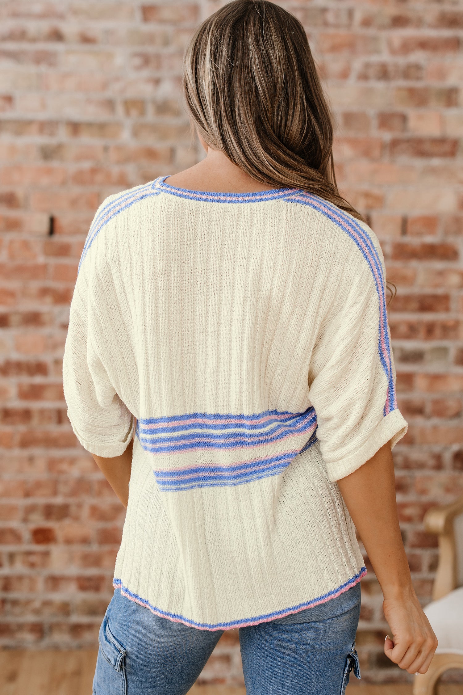 White Striped V Neck Dolman Sleeve Rib Knit Oversized Sweater with Slits