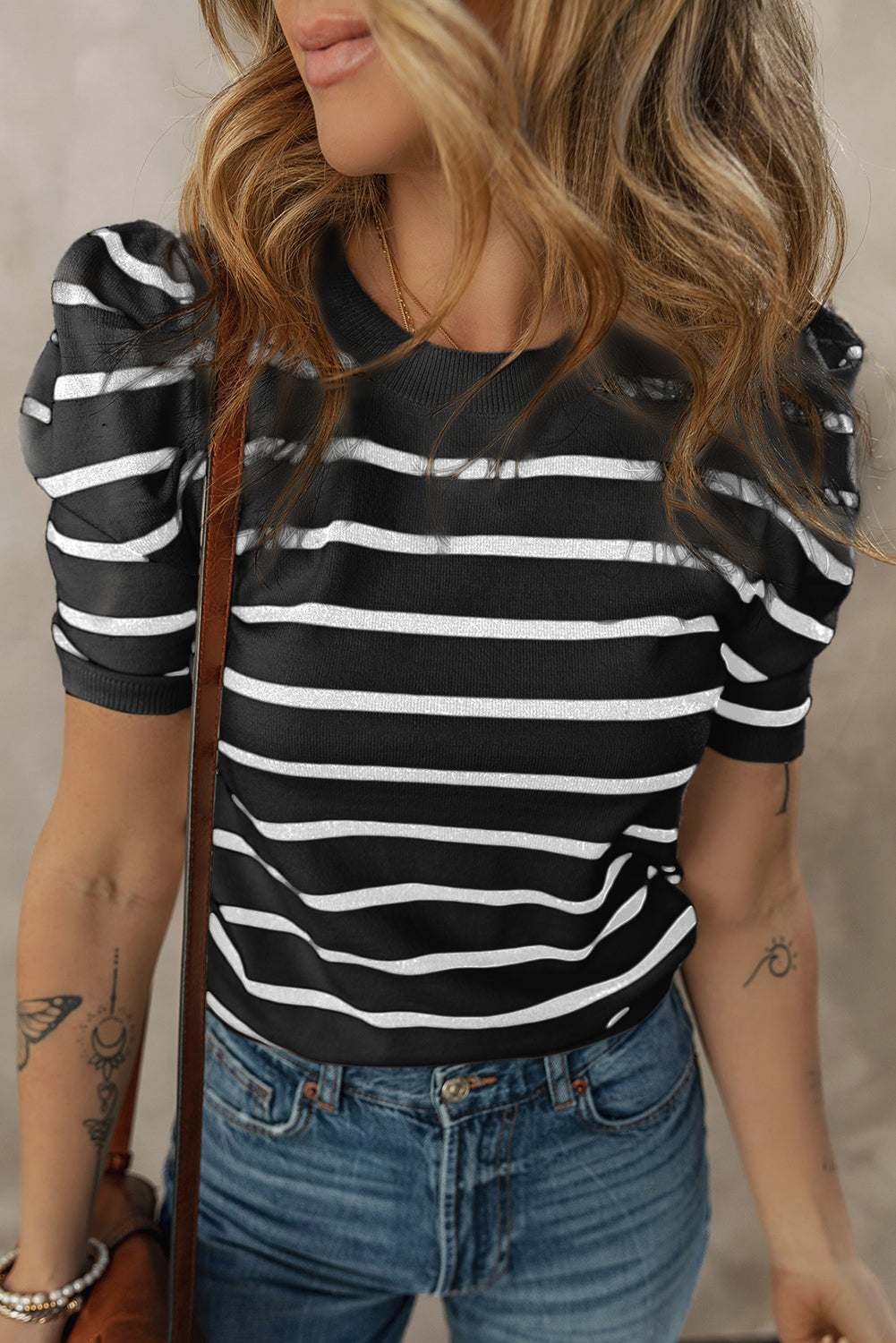 Blue Stripe Ribbed Trim Round Neck Bubble Sleeve Knitted Top
