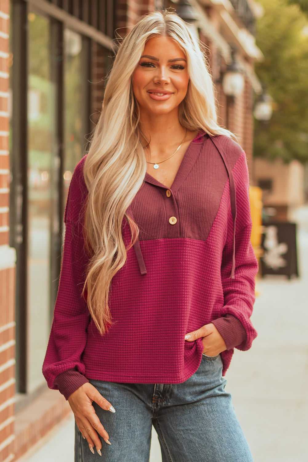 Oatmeal Waffle Patchwork Drop Shoulder Hooded Long Sleeve Top