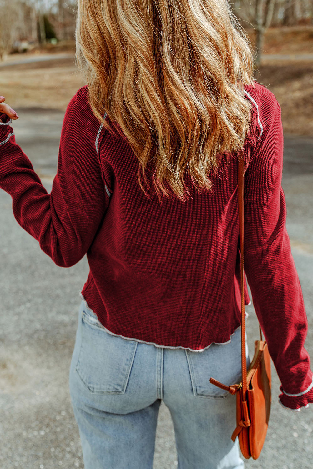 Apricot Textured Round Neck Long Sleeve Top
