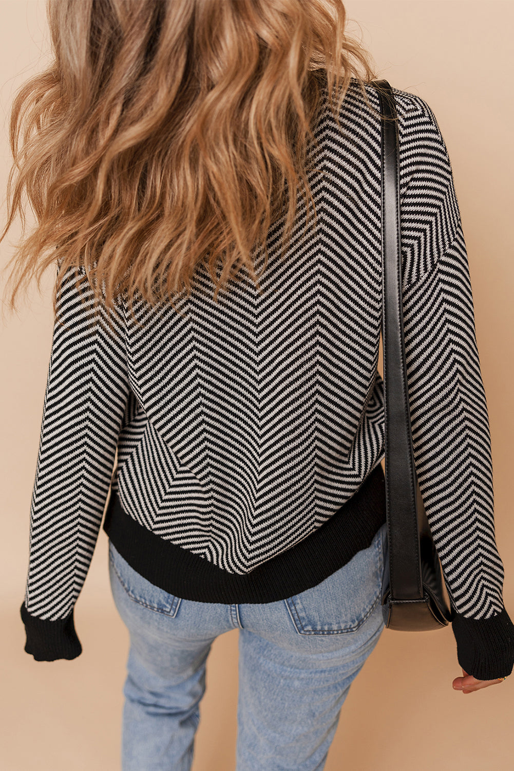 White Stripe Buttoned Front V Neck Herringbone Cardigan