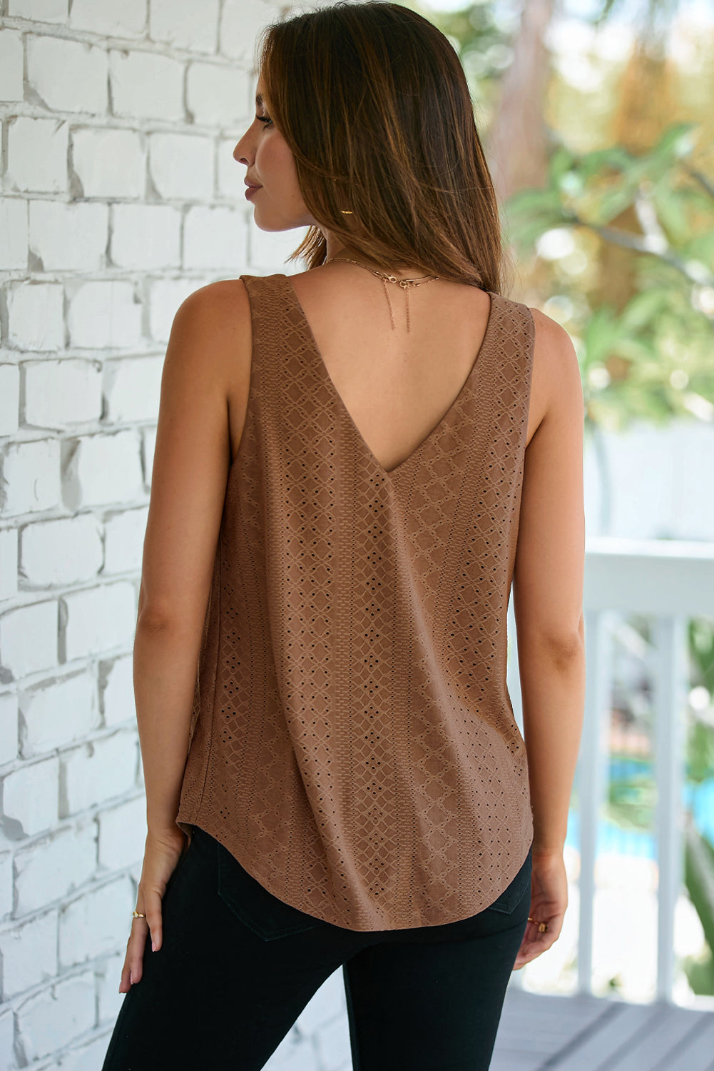 Black Eyelet Knit Patterned Loose V Neck Tank Top