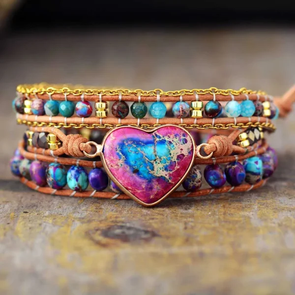 Romantic 3 Strand Heart Shape Leather Wrap Bracelet Vintage Purple Natural Stone Weaving Cuff Bracelet Bohemian Jewelry