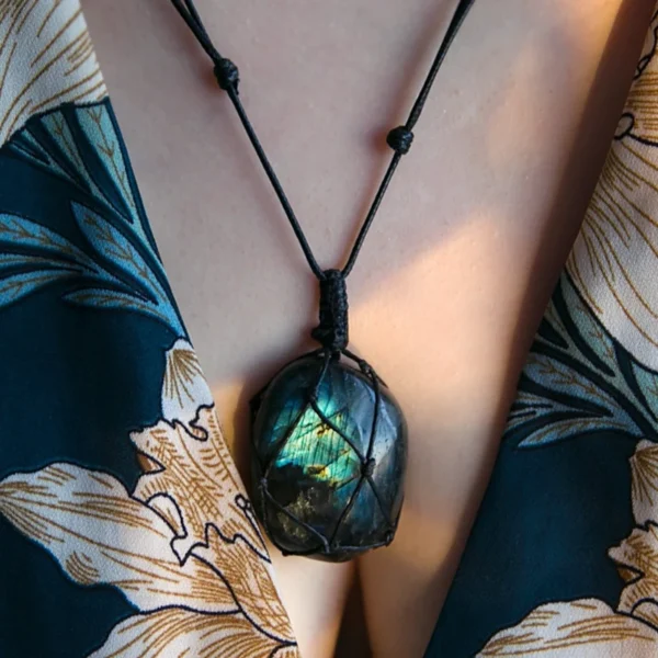 Labradorite Necklace Natural Stone Pendant Wrap braid Necklace Yoga macrame Necklace for men women Energy necklace