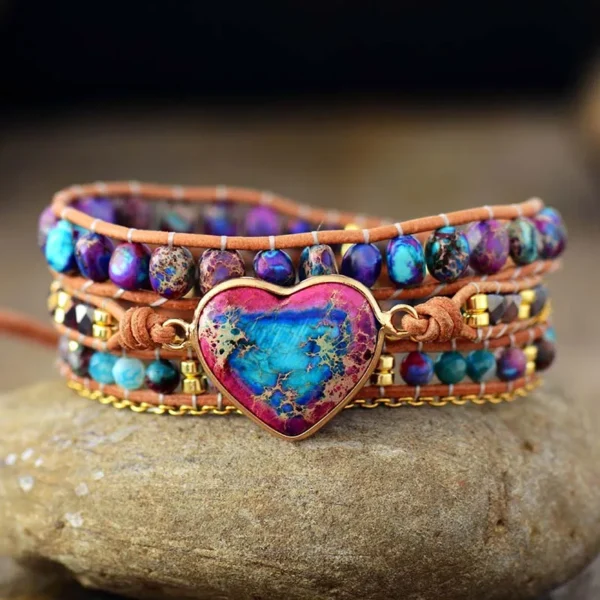 Romantic 3 Strand Heart Shape Leather Wrap Bracelet Vintage Purple Natural Stone Weaving Cuff Bracelet Bohemian Jewelry - Image 2