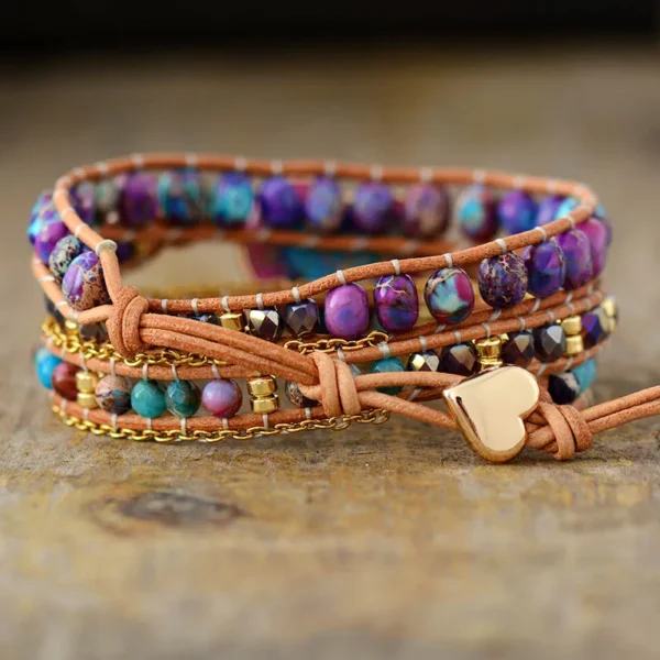 Romantic 3 Strand Heart Shape Leather Wrap Bracelet Vintage Purple Natural Stone Weaving Cuff Bracelet Bohemian Jewelry - Image 3