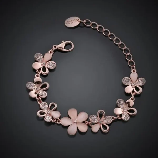 Charming 18K Rose Gold Plated Women Pink Cat's Eye Opal Flower Chain Bracelet Gift For Women Girl