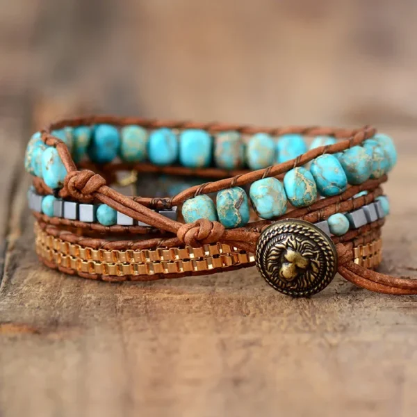 Bohemian cut corner turquoise bracelet for women ornament triple wound hand-woven leather rope bracelet - Image 3