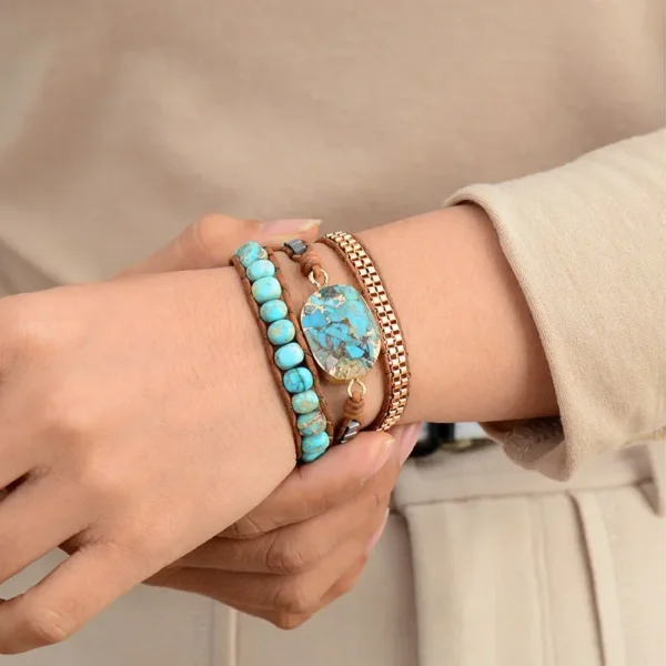 Bohemian cut corner turquoise bracelet for women ornament triple wound hand-woven leather rope bracelet - Image 2