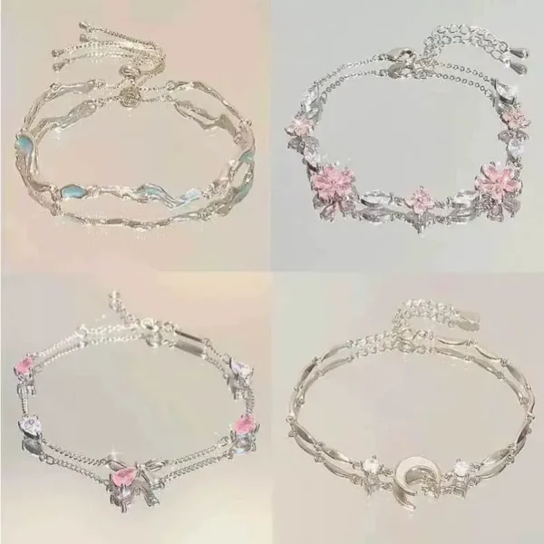 Shiny Pink Crystal Cherry Blossom Bracelets For Women Girls Sweet Moon Bow Flowers Zircon Bracelet Party Aesthetic Egirl Jewelry - Image 2